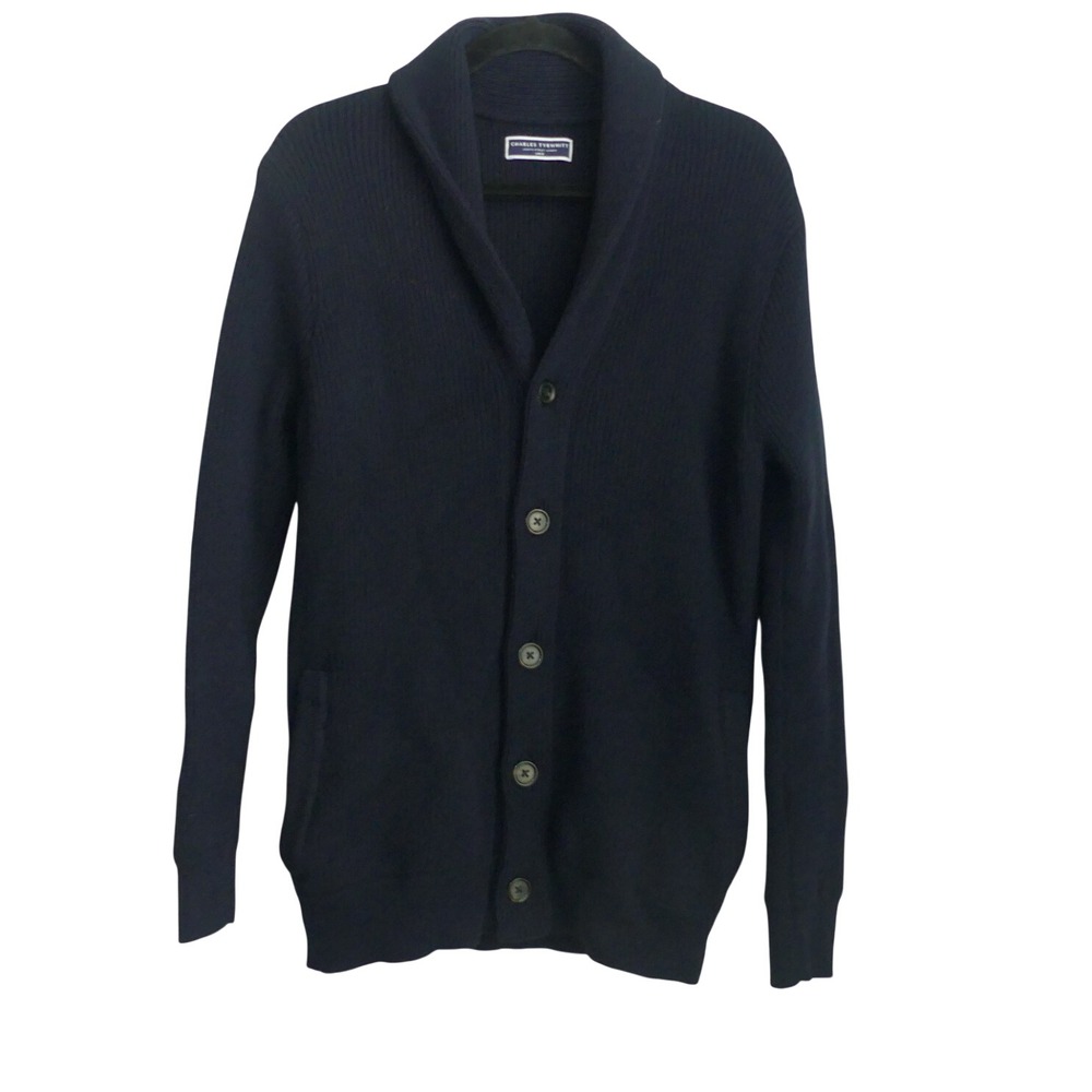 Charles Tyrwhitt Mens Navy Blue Ribbed Shawl Collar Wool Cardigan Sweater Large